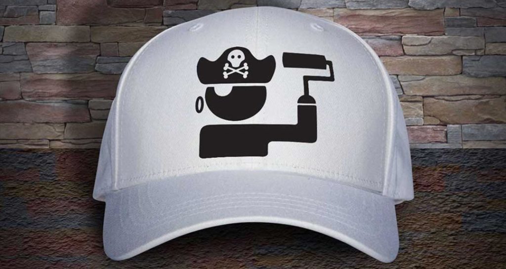 hat with custom designed logo of a pirate with a paint roller for a hook