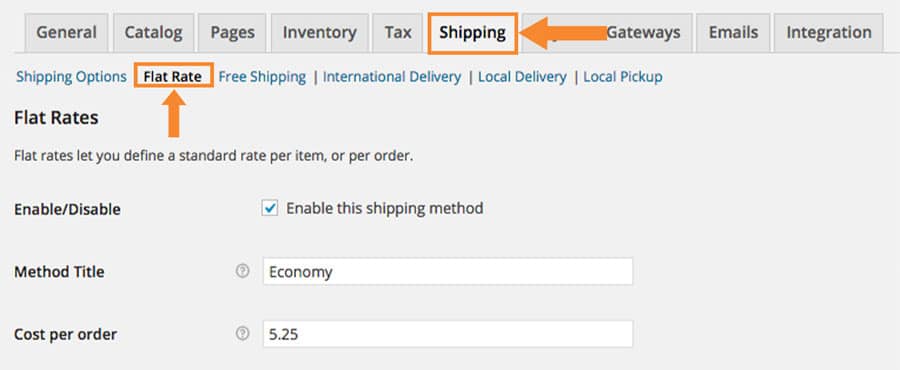 A screenshot of the WooCommerce shipping flat rate page