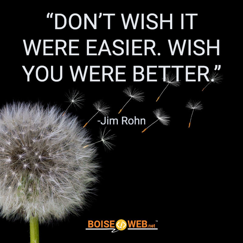 An image of a dandelion with the text "Don't wish it were easier. Wish you were better. - Jim Rohn."