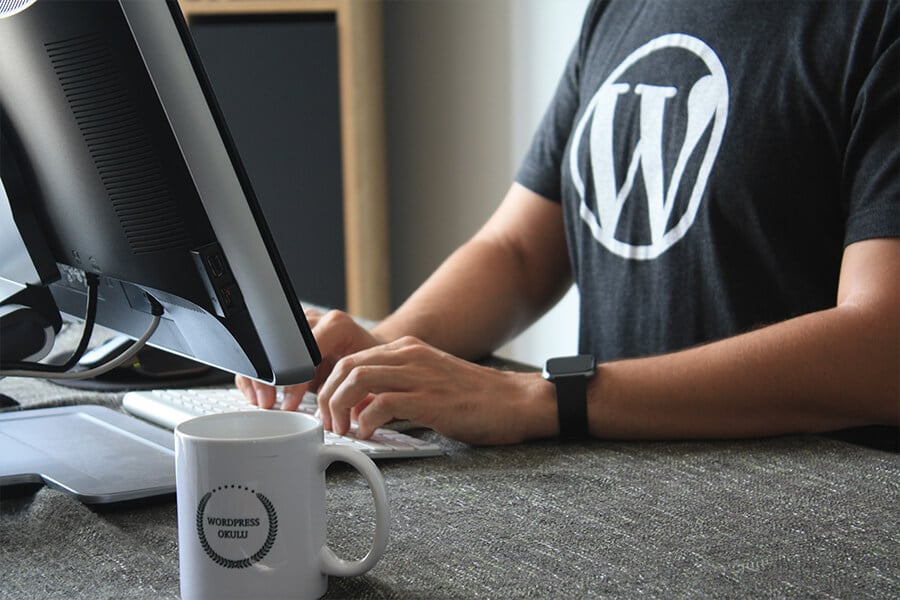 An image of a person sitting at a computer wearing a WordPress t-shirt
