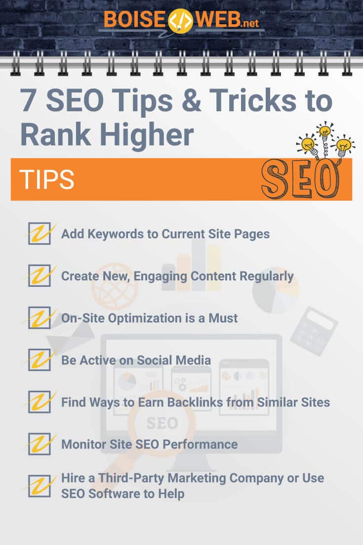 An educational image with the text "7 SEO Tips & Tricks To Rank Higher. Tips. SEO. Add keywords to current site pages. Create new, engaging content regularly. On-site optimization is a must. Be active on social media. Find ways to earn backlinks from similar sites. Monitor site SEO performance. Hire a third-party marketing company or use SEO software to help.