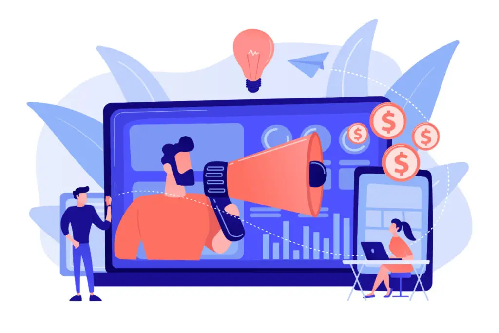 concept art marketer delivering ads with megaphone and devices
