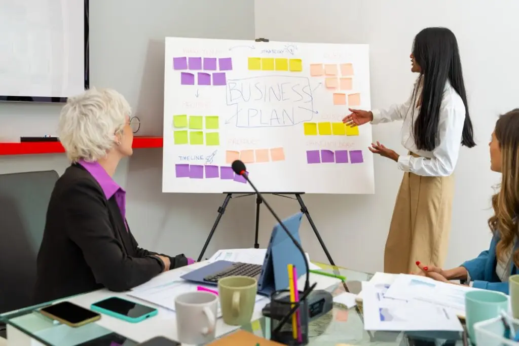 businesswoman presenting business plan to coworkers