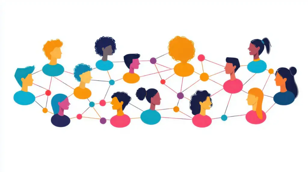 colorful concept art of people interconnected with lines