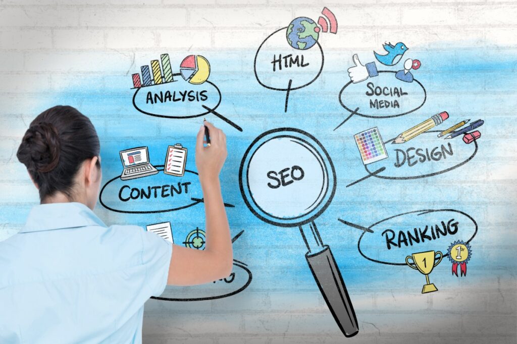 business worker writing SEO outline concept with marker