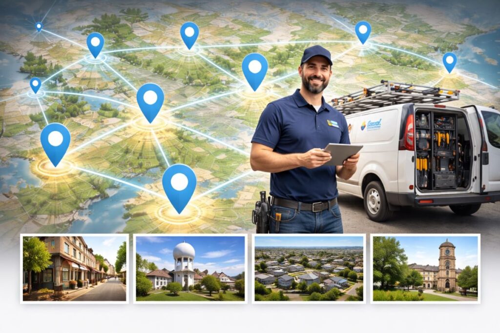 Home service professional with branded van in front of a map highlighting multiple local service areas and communities