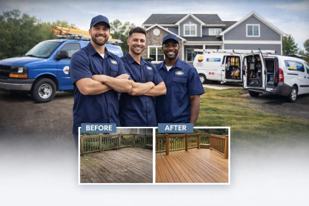Home service professionals posing in front of work vehicles at a residential property, with a before-and-after deck improvement showing completed results.