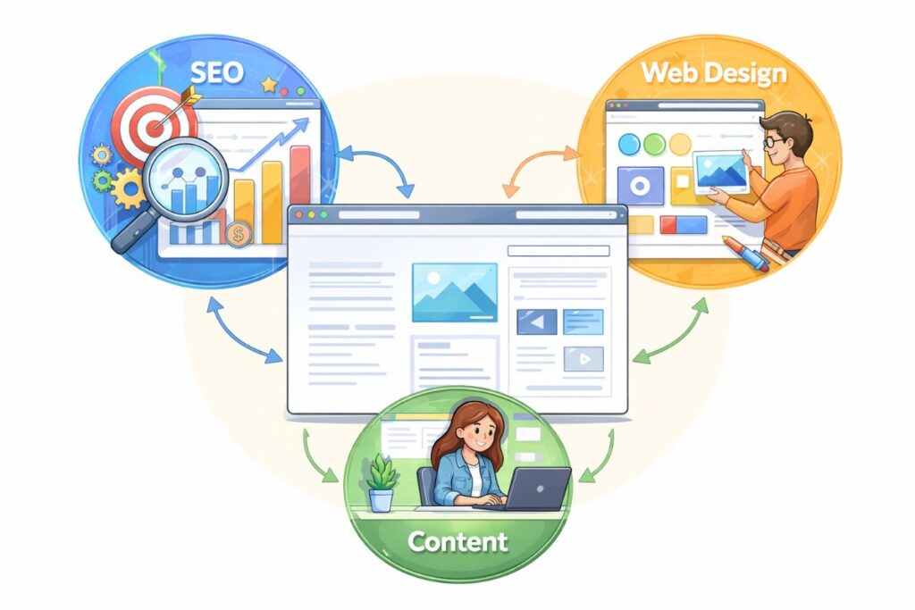 concept art of SEO, web design, and content for webpage