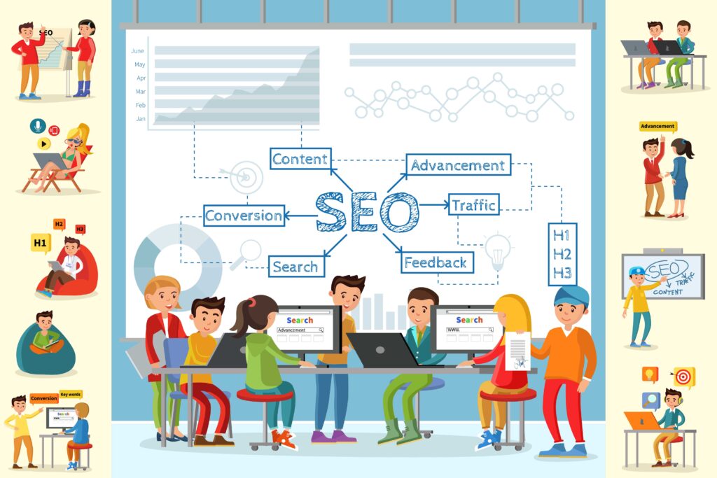 concept art of SEO improvement with business group in front