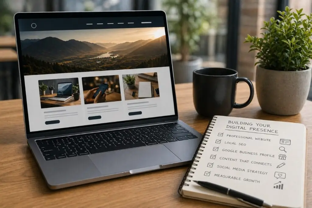 Modern workspace with a laptop displaying a website layout mockup, next to a notebook checklist outlining steps for building a digital presence, with a coffee mug and plant in soft natural light.
