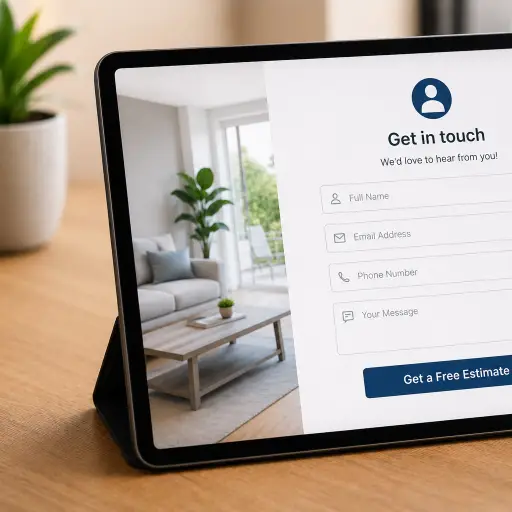 Tablet displaying a modern contact form with a “Get a Free Estimate” button.