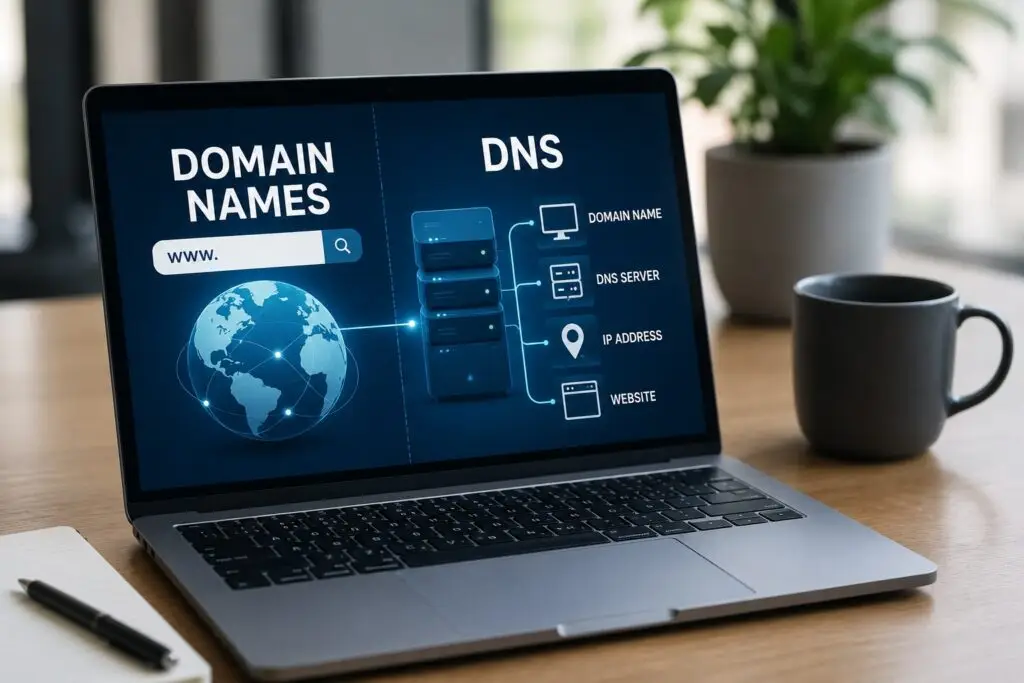 Laptop displaying a modern Domain Names and DNS infographic in a clean office workspace.