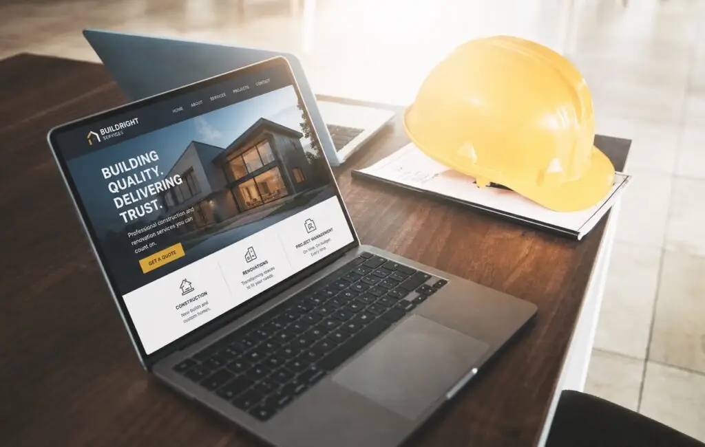 construction hat sitting next to laptop showing service home page of business