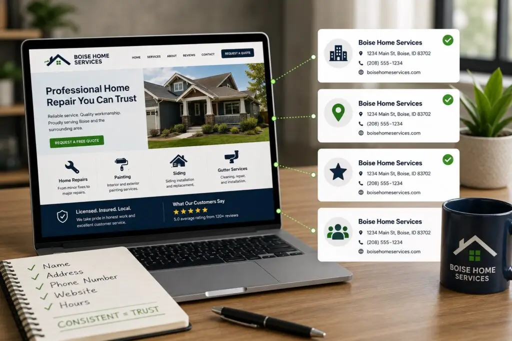 Laptop displaying a local business website connected to multiple online directory listings with matching business details.