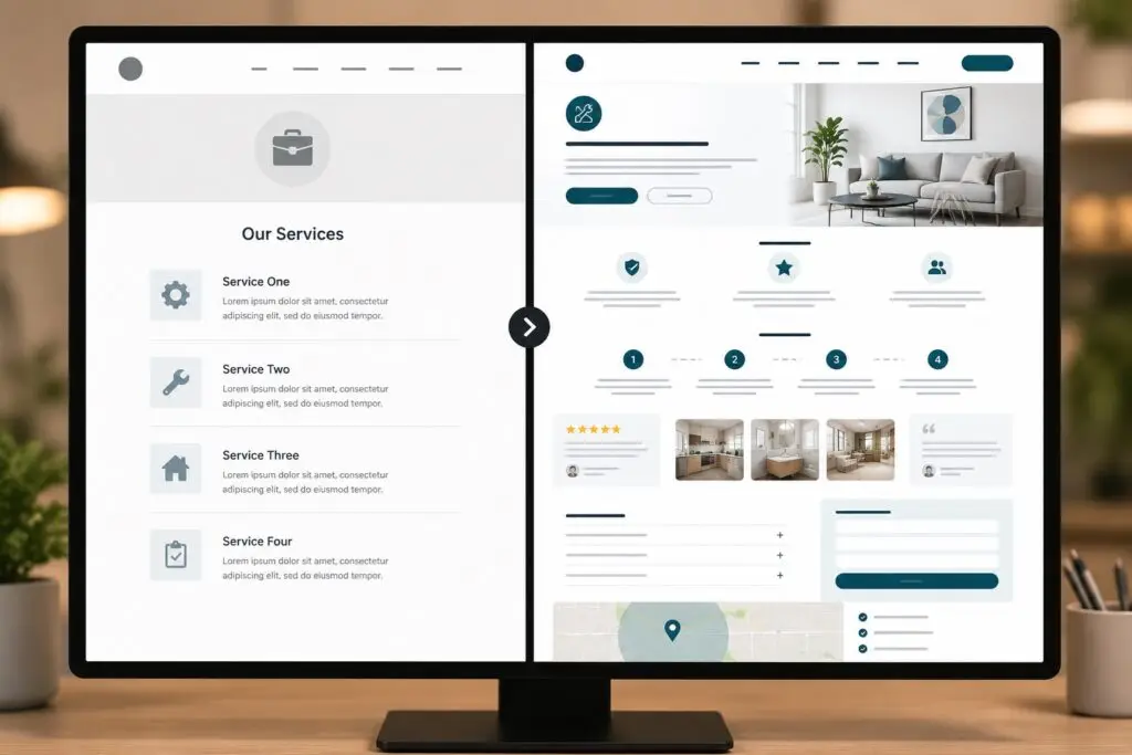 Split-screen comparison showing a basic generic services page beside a detailed, dedicated service page with sections for benefits, process, reviews, FAQ, and a contact form.