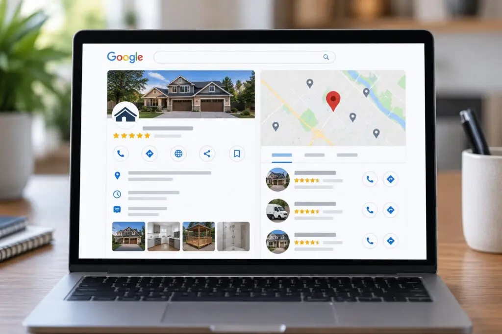 Google Business Profile displayed with local listings, reviews, business photos, and map results.
