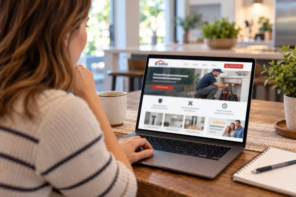 Homeowner using a laptop to research a local home service company and review website trust signals.